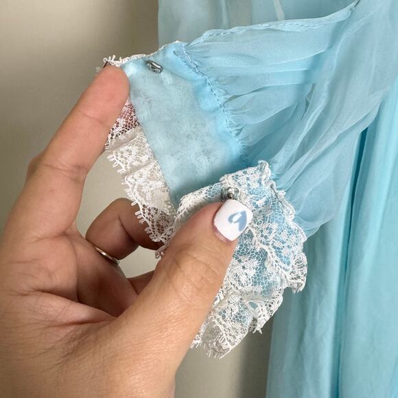 Nadine VINTAGE pastel blue White Lace Accent Formal long sleeve dress Size SMALL - Picture 3 of 16